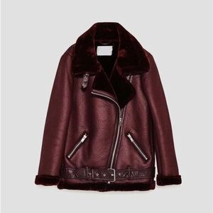 RARE ZARA RED BURGUNDY FAUX SHEARLING MOTO AVIATOR JACKET COAT BLOGGERS XS